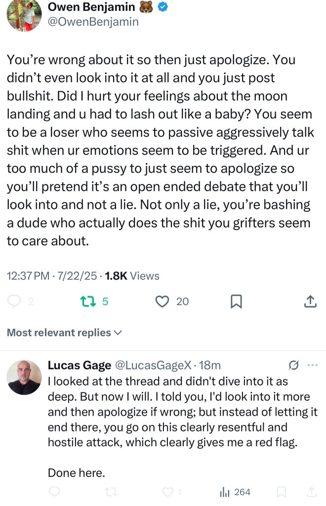 OwenBenjamin's tweet image. So @LucasGageX just got called out for lying. Not just lying, accusing someone of a crime and then quickly being showed he’s wrong. When confronted he does exactly as predicted. Pretends it’s me who’s attacking, blames me, claims victory and blocks.
In 6 months this will be…