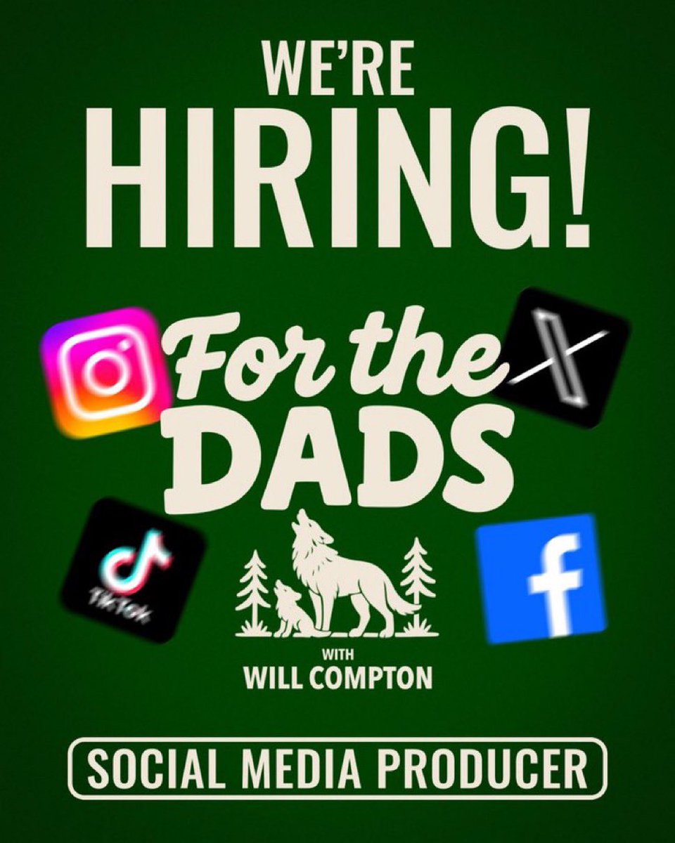_willcompton's tweet image. 🚨Looking for a Social Media Producer🚨
We are adding a position to the @ForTheDadsPod brand that will be our lead DAWG on Social Media
I need someone w/ an instinct for social, editing skills to help produce content, and someone that has such a respect for Papa Team 6 that…