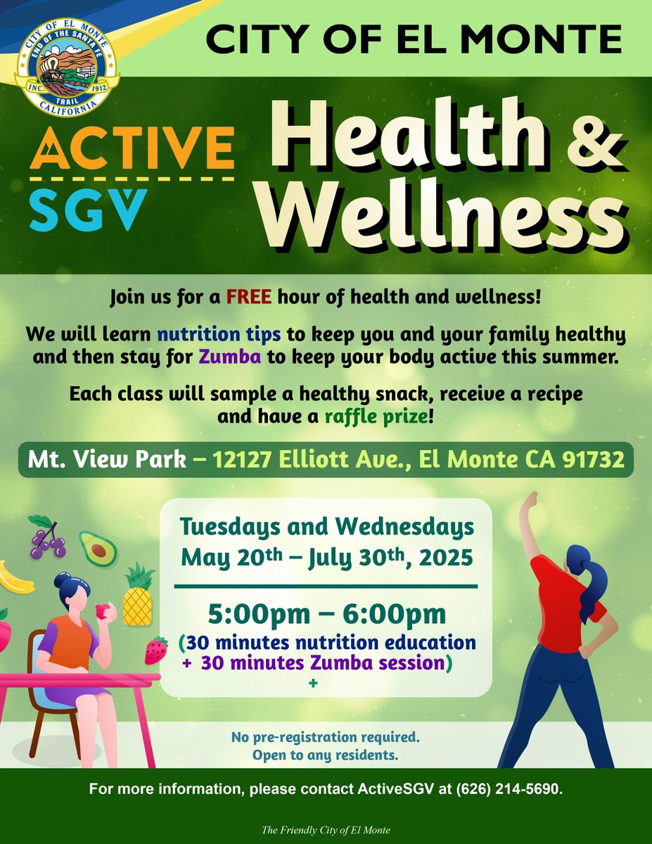 ActiveSGV's tweet image. There's only a few classes left, come join the fun! This free Health & Wellness series takes place every Tuesday and Wednesday from 5 PM to 6 PM at Mt. View Park in El Monte. Each session includes 30 minutes of Zumba and 30 minutes of nutrition tips. We hope to see you there!