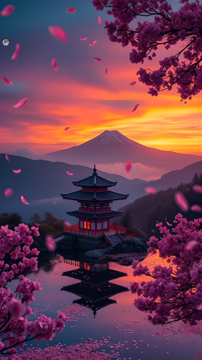 Another WaveGen wallpaper! ✨

A stunning twilight scene with pink petals falling around a traditional pagoda on a misty mountainside. A pond reflects the vibrant sunset sky, with Mount Fuji glowing in the distance under a crescent moon.

Get WaveGen now!
play.google.com/store/apps/det…