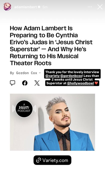 Angel_nDisguise 🥰💚 (@angel_ndisguise) on Twitter photo New <a href="/adamlambert/">ADAM LAMBERT</a> story: "Thank you for the lovely interview <a href="/Variety/">Variety</a> <a href="/gordonbcox/">Gordon Cox</a>! Less than 2 weeks until Jesus Christ Superstar at <a href="/HollywoodBowl/">Hollywood Bowl</a>! ♥️"
Article & Podcast Link - variety.com/2025/legit/pod… New <a href="/adamlambert/">ADAM LAMBERT</a> story: "Thank you for the lovely interview <a href="/Variety/">Variety</a> <a href="/gordonbcox/">Gordon Cox</a>! Less than 2 weeks until Jesus Christ Superstar at <a href="/HollywoodBowl/">Hollywood Bowl</a>! ♥️"
Article & Podcast Link - variety.com/2025/legit/pod…