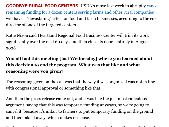 Marcia Brown (@marcia_brown9) on Twitter photo In <a href="/Morning_Ag/">Morning Agriculture</a> on Monday there's an excerpt from an interview I did with Katie Nixon, co-CEO of one of the 12 rural food business centers the Trump admin axed last week.
Here's what it was like when she got the news⤵️ In <a href="/Morning_Ag/">Morning Agriculture</a> on Monday there's an excerpt from an interview I did with Katie Nixon, co-CEO of one of the 12 rural food business centers the Trump admin axed last week.
Here's what it was like when she got the news⤵️