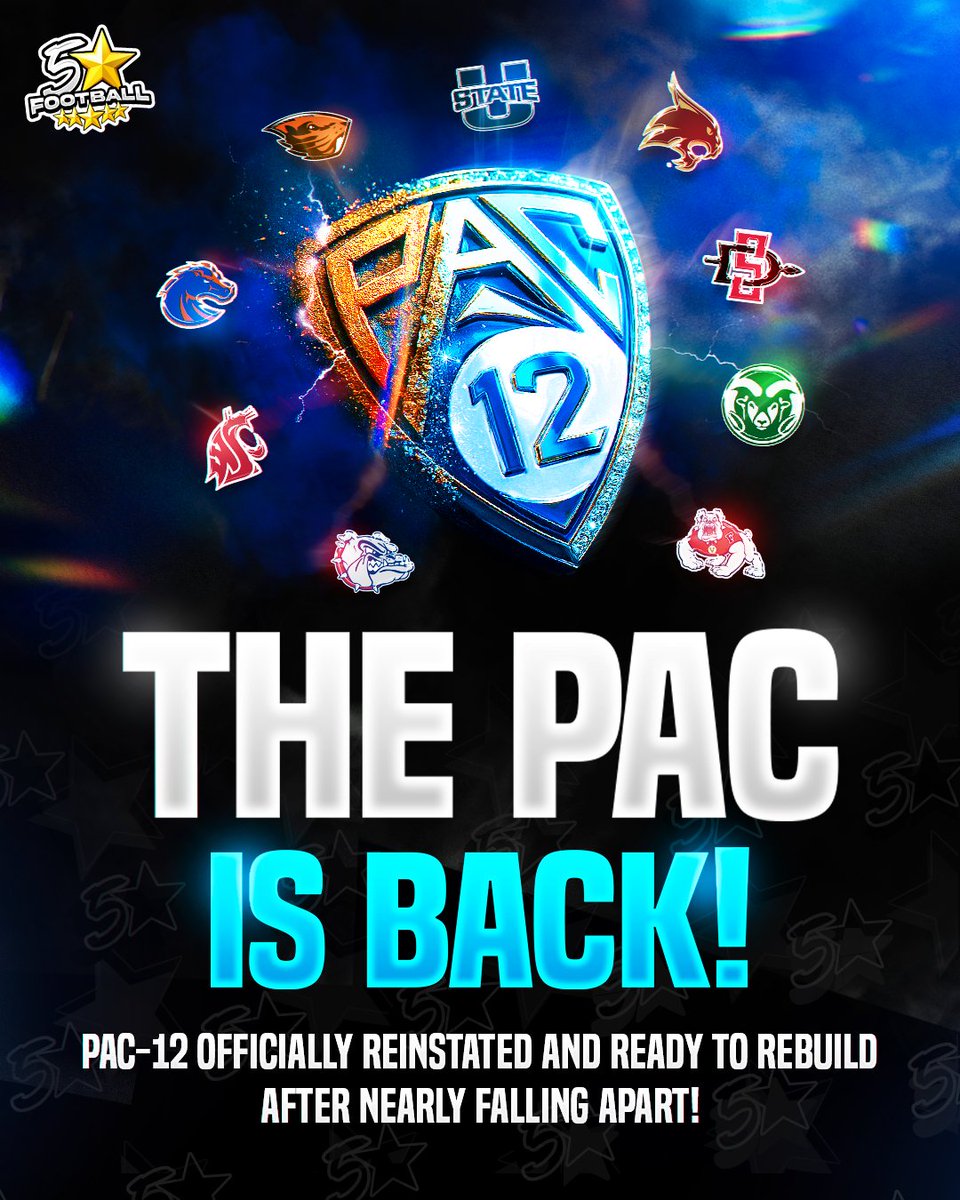 5StarFBRecruits's tweet image. 🚨 NEWS – The PAC-12 is officially reinstated and will relaunch in July 2026 with a fresh lineup of contenders 🏈⚡️
After months of uncertainty, the iconic conference is back in action — welcoming a mix of proven programs and rising forces as it charts a bold new future 🌄🔁…