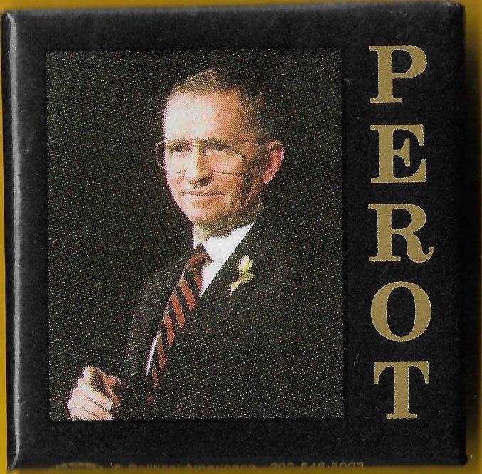 MOCatholicPop's tweet image. A 1992 Ross Perot square shaped button. Really like the look of this one, gives off a regal statesman vibe.