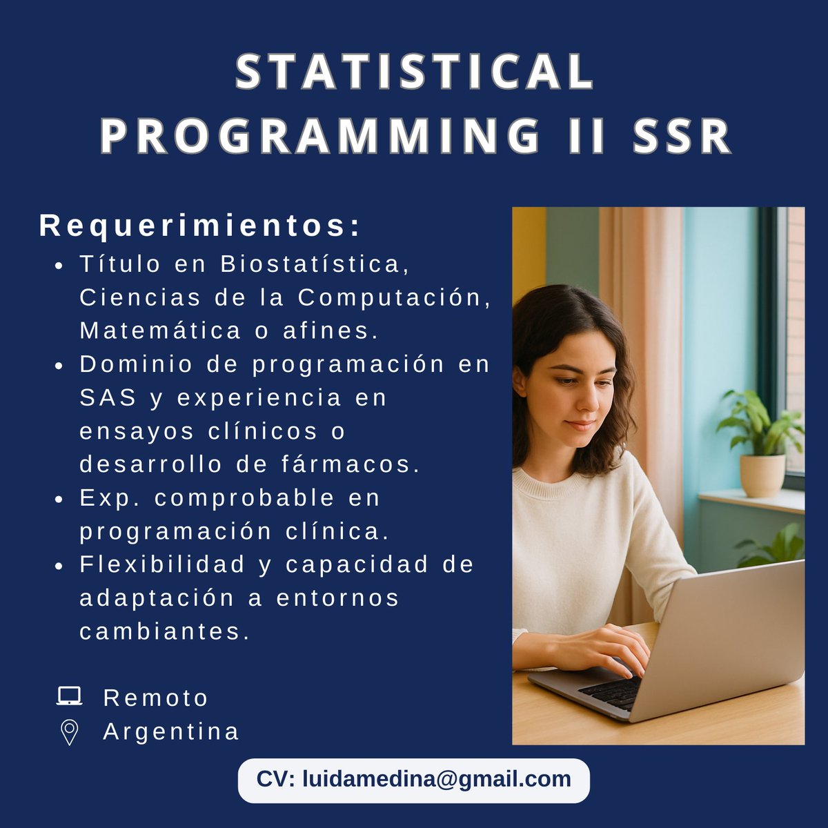 Luida_Medina's tweet image. 📢 Oportunidad laboral ¡#Argentina !
¿Sos programador/a #SAS con experiencia en la industria farmacéutica o de investigación clínica?
#sasprogramming #clinicaltrials #estadística #programación #trabajoremoto #argentinajobs #clinicaldata #hiring #remoto #Bioestadística #jobsearch