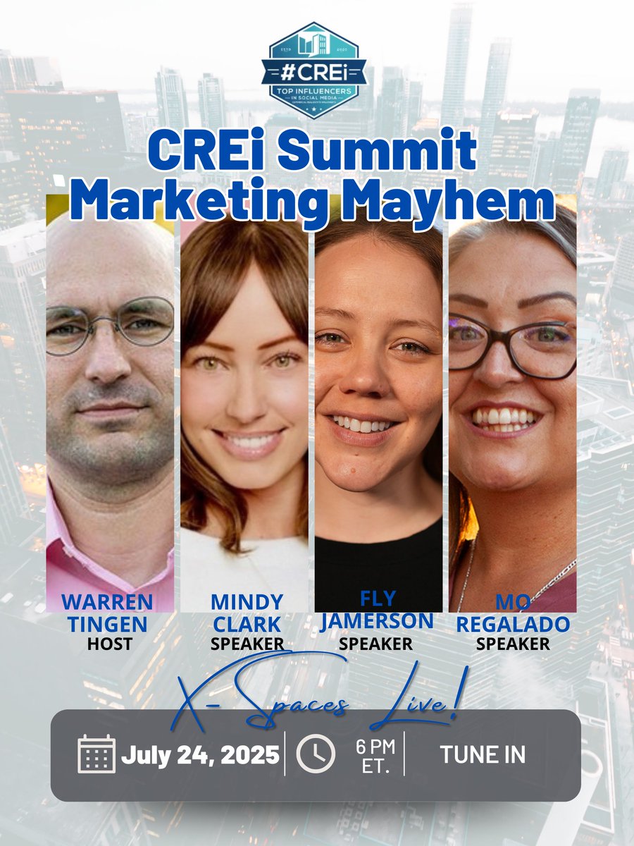 creisummit's tweet image. Join us LIVE on X Spaces — July 24th at 6:00 PM ET for a high-energy, no-fluff CRE marketing power session hosted by @warrentingen
You’ll hear straight from the best in the business: @TheMoRegalado, @hey_itsfly, & Mindy Clark are bringing the heat🔥-Join x.com/i/spaces/1mrGm…