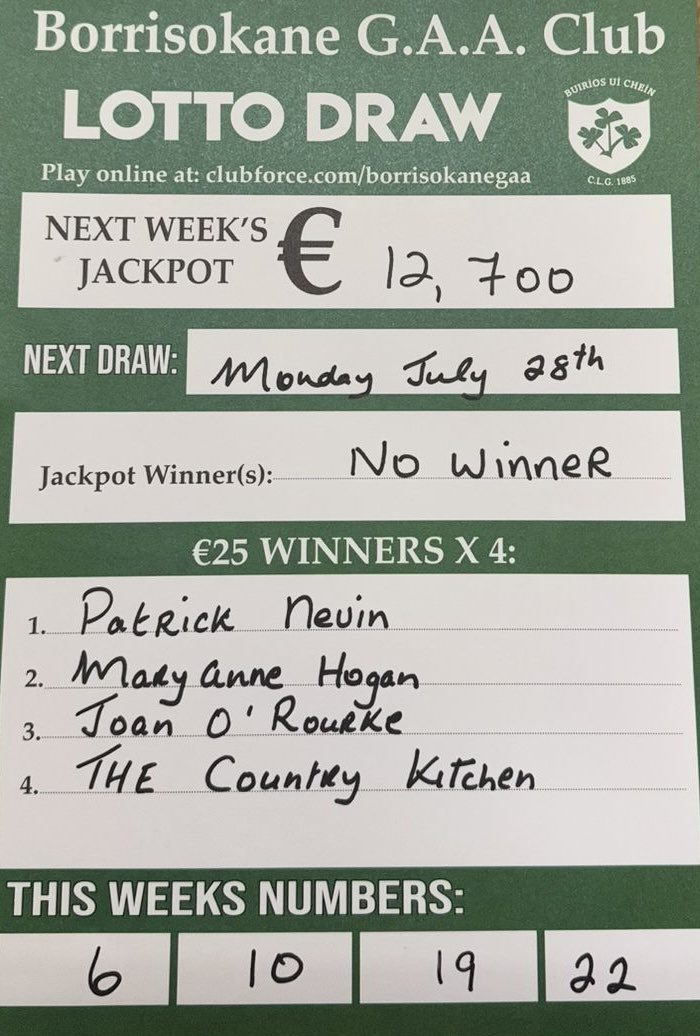 🎰 Results of lotto draw

Tuesday 22nd July 2025

6-10-19-22

❌ NO JACKPOT WINNER ❌

🌟€25 lucky dip to winners🌟

-PATRICK NEVIN 
-MARY ANNE HOGAN 
-JOAN O ROURKE 
-THE COUNTRY KITCHEN 

Next weeks jackpot

 €1️⃣2️⃣, 7️⃣0️⃣0️⃣🎰

Thank you for your continued support ☘️