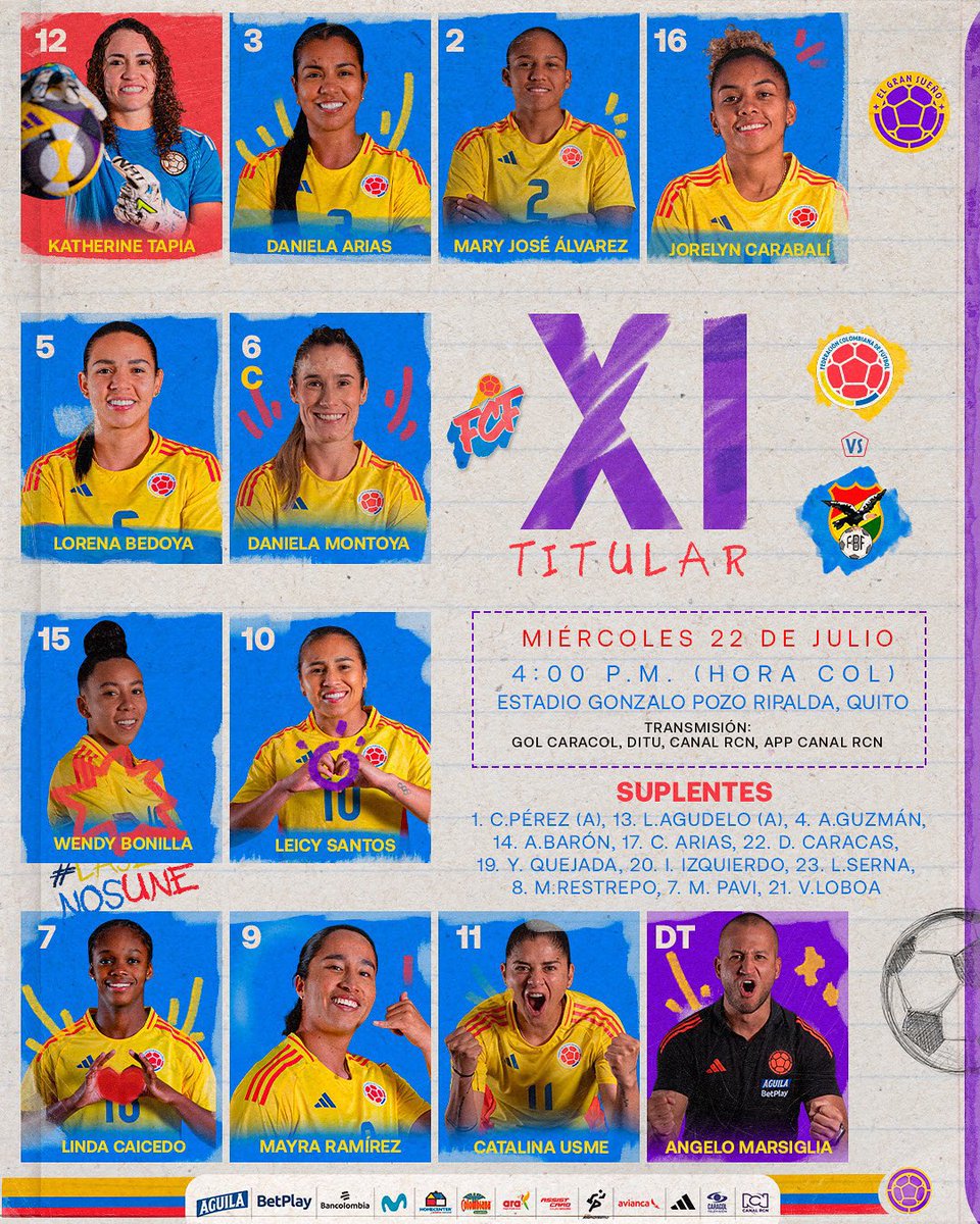 DeportColombia's tweet image. ¡SALIMOS 🙌🏻! Este será el XI titular de Colombia 🇨🇴 para enfrentar a Bolivia 🇧🇴.
¿Cómo lo ven?
