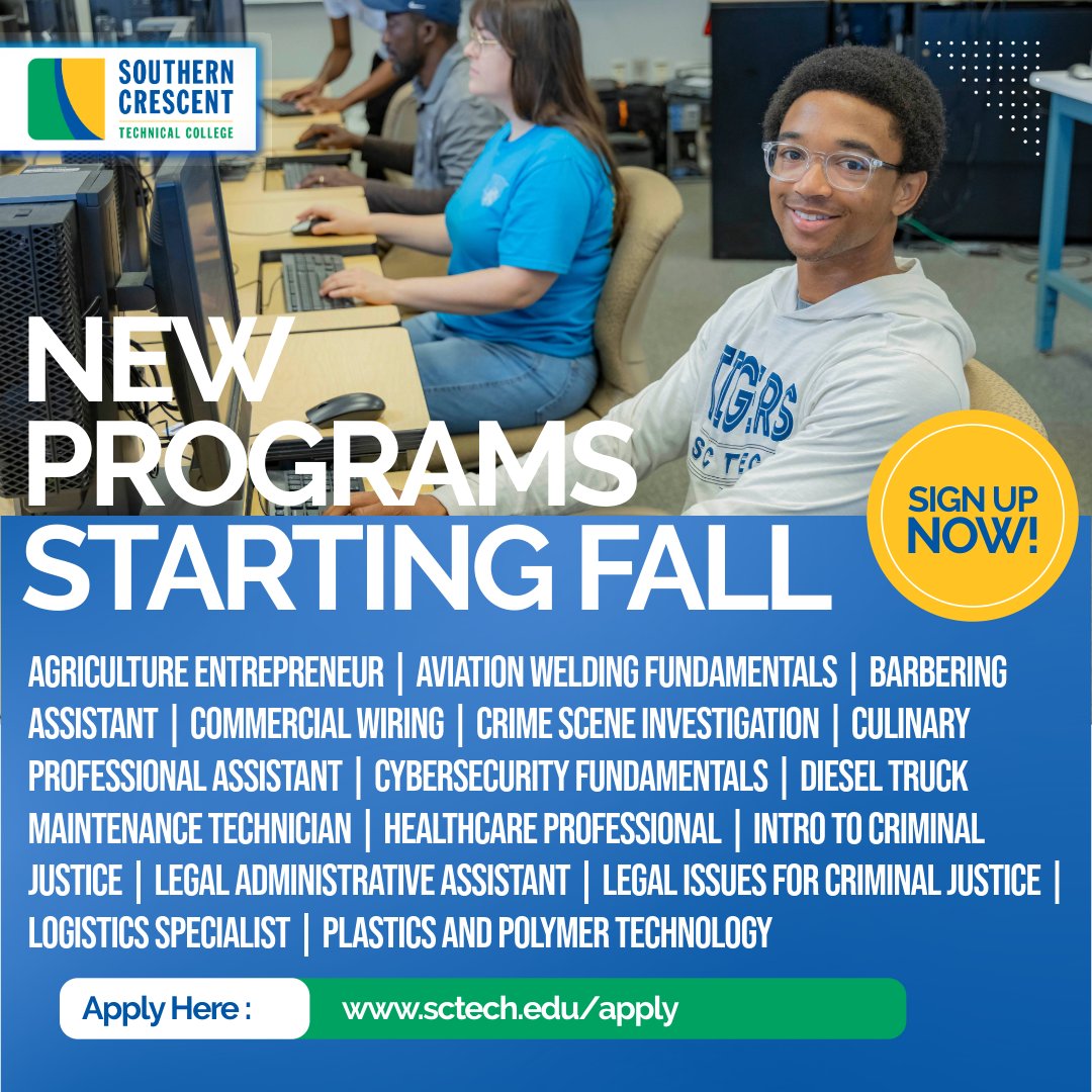 🎉 New Programs. New Opportunities.
Start your career in as little as one semester at Southern Crescent Technical College! 💼📚
Fall Semester begins August 12. Apply today! sctech.edu/apply
#FastTrackYourFuture #SCTC #CareerReady #NewPrograms #TechnicalCollege