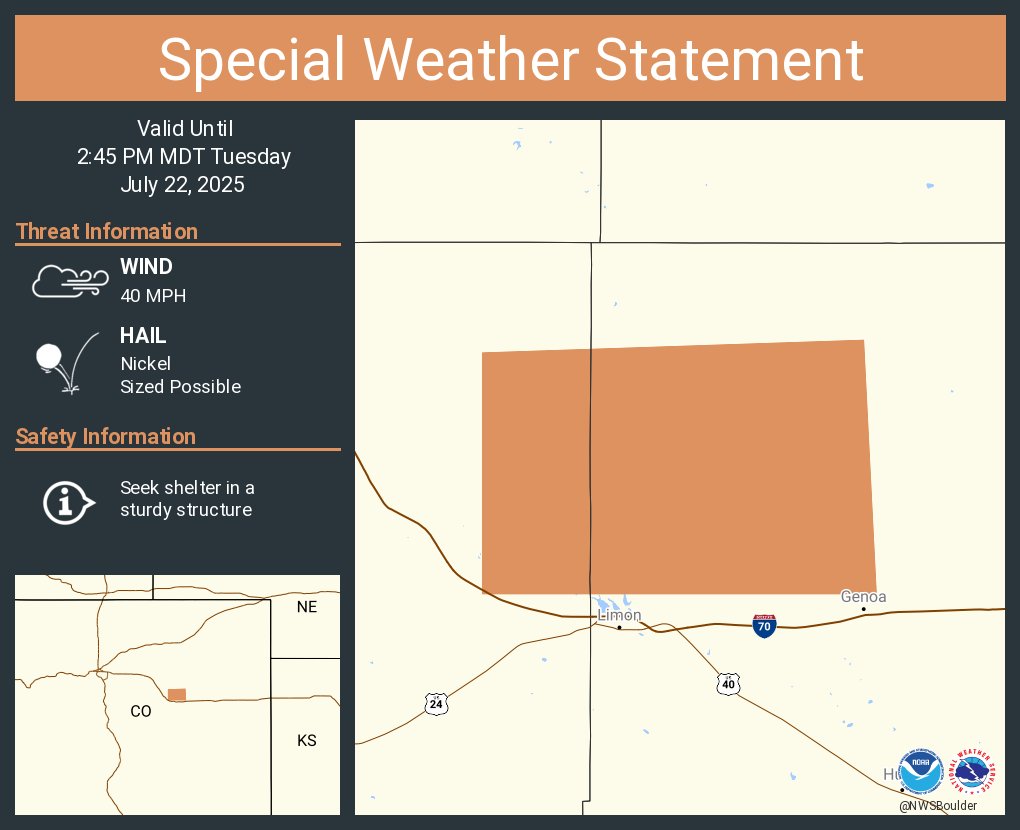 NWSBoulder's tweet image. A special weather statement has been issued for Lincoln County, CO until 2:45 PM MDT #COwx