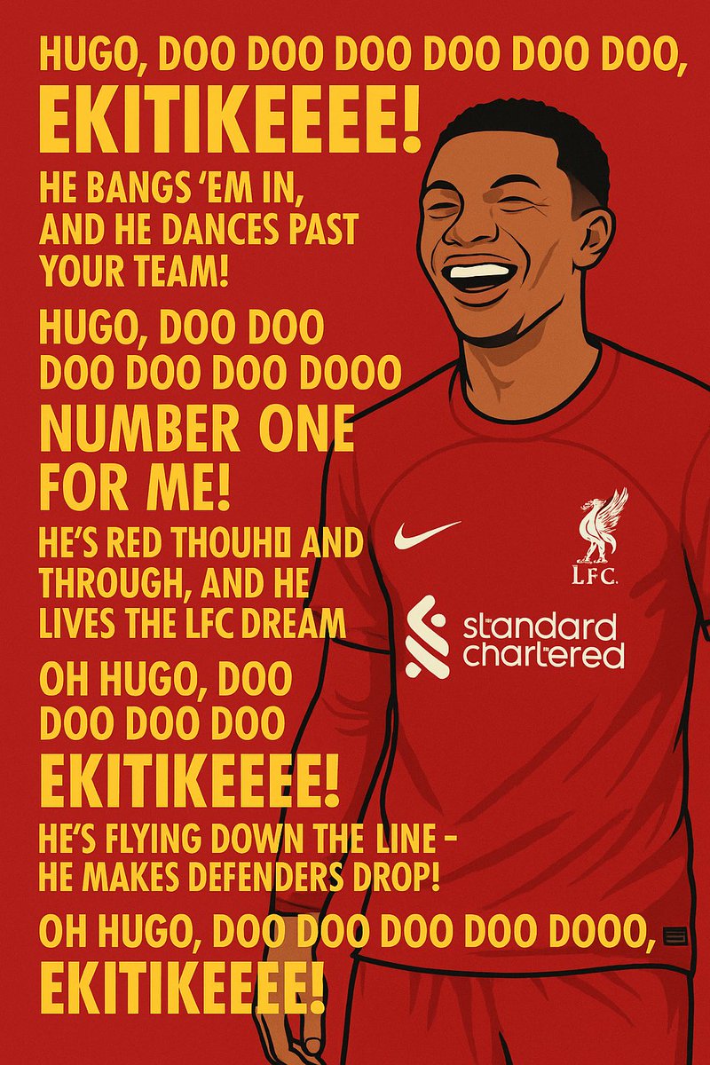 SqueezeZone's tweet image. #LFC fans … Can we come up with some good songs for Hugo Ekiteke? 

I’ll start… (yes I used ChatGPT 😂)

🎵 To the tune of “Sugar, Sugar” 🎵

Hugo, doo doo doo doo doo dooo,
Ekitikeeee!
He bangs ’em in, and he dances past your team!

Hugo, doo doo doo doo doo dooo,
Number one…