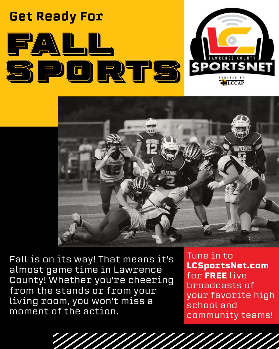 Lawrence County Community Action Partnership (@lawcountycap) on Twitter photo 🏈GET READY FOR FALL SPORTS!
Cheer on your favorite local teams — wherever you are!
📺Watch LIVE & FREE at LCSportsNet.com
🎙️Brought to you by <a href="/LCSportsNet/">Lawrence County SportsNet</a> - Powered by LCCAP
📅 Follow us for schedules, scores & highlights!
#LCSportsNet #VoiceOfLawrenceCountySports 🏈GET READY FOR FALL SPORTS!
Cheer on your favorite local teams — wherever you are!
📺Watch LIVE & FREE at LCSportsNet.com
🎙️Brought to you by <a href="/LCSportsNet/">Lawrence County SportsNet</a> - Powered by LCCAP
📅 Follow us for schedules, scores & highlights!
#LCSportsNet #VoiceOfLawrenceCountySports