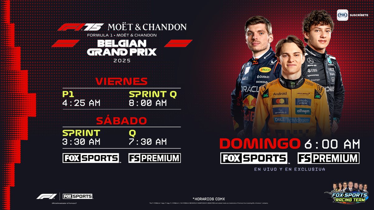 FOXSportsMX's tweet image. 🏎️🏁Eau Rouge, Raidillon y lluvia amenazando, el GP de Bélgica regresa con todo lo que hace grande a la F1.
En Spa-Francorchamps, cada curva cuenta y puede cambiarlo todo.
¡Prepárate para disfrutarlo en vivo por FOX Sports!
#F1xFSMX