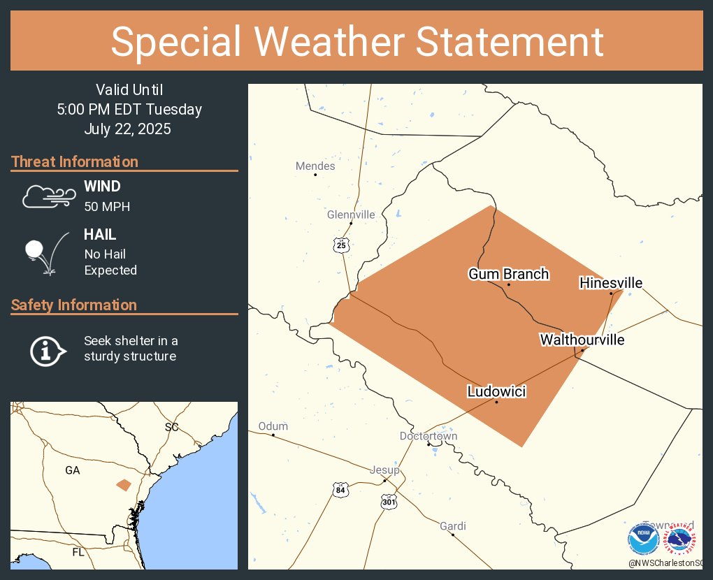 NWSCharlestonSC's tweet image. A special weather statement has been issued for Hinesville GA, Walthourville GA and Ludowici GA until 5:00 PM EDT