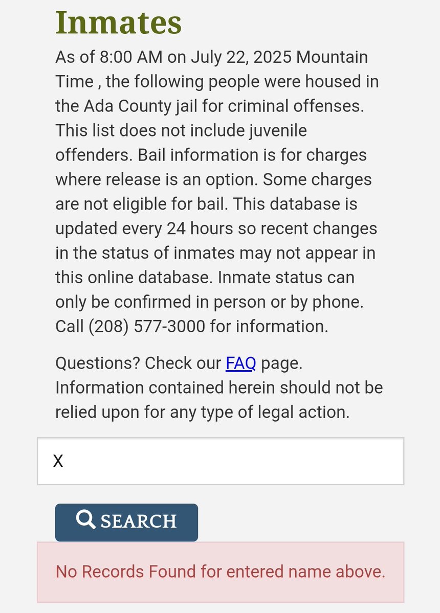 TheDRIVER_14_88's tweet image. There are no records for "X" currently in Ada County Idaho inmate roster.