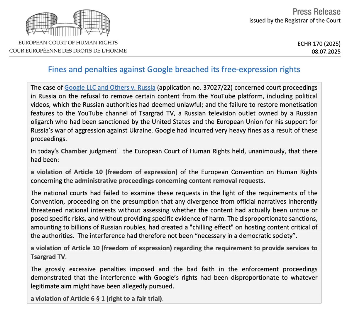 natynettle's tweet image. βοΈAn important @ECHR_CEDH ruling that some may have missed:
The Court ruled that Russia breached Free Expression rights by imposing excessive fines on @Google for failure to remove @YouTube channels & videos critical of the gov + removing sanctioned pro-gov Tsargrad TV channel