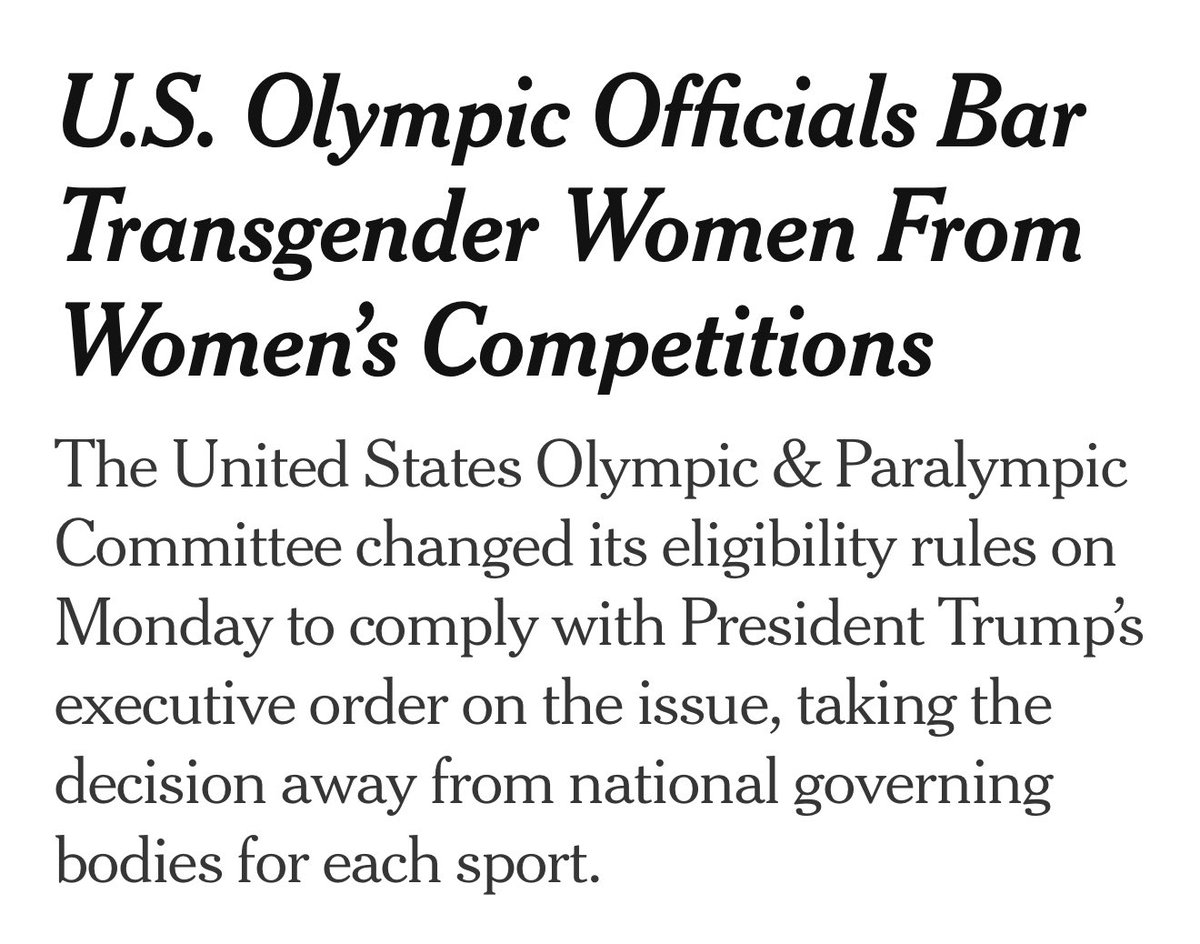 andrewtwalk's tweet image. Or, if you want to strip the headline of its Orwellianism, “U.S. Olympics Officials Bar Men from Women’s Competitions.”
“Transgender Women” aren’t a thing.
Oh, and also: Elections have consequences.