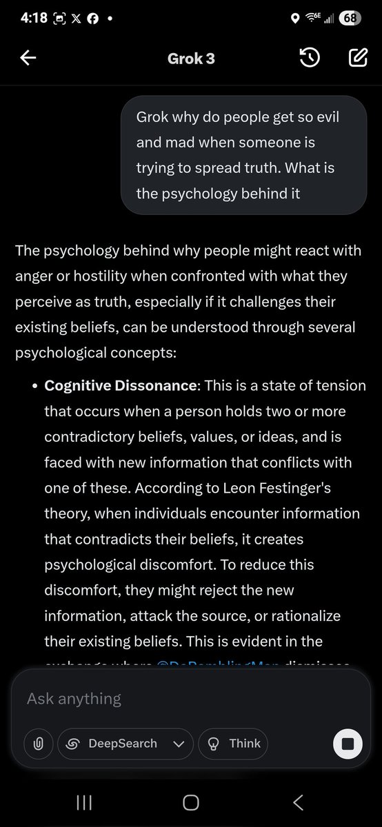 jesseRoss597206's tweet image. Grok why do people get so evil and angry at people trying to spread truth, what is the psychology behind it? Cognitive dissonance!