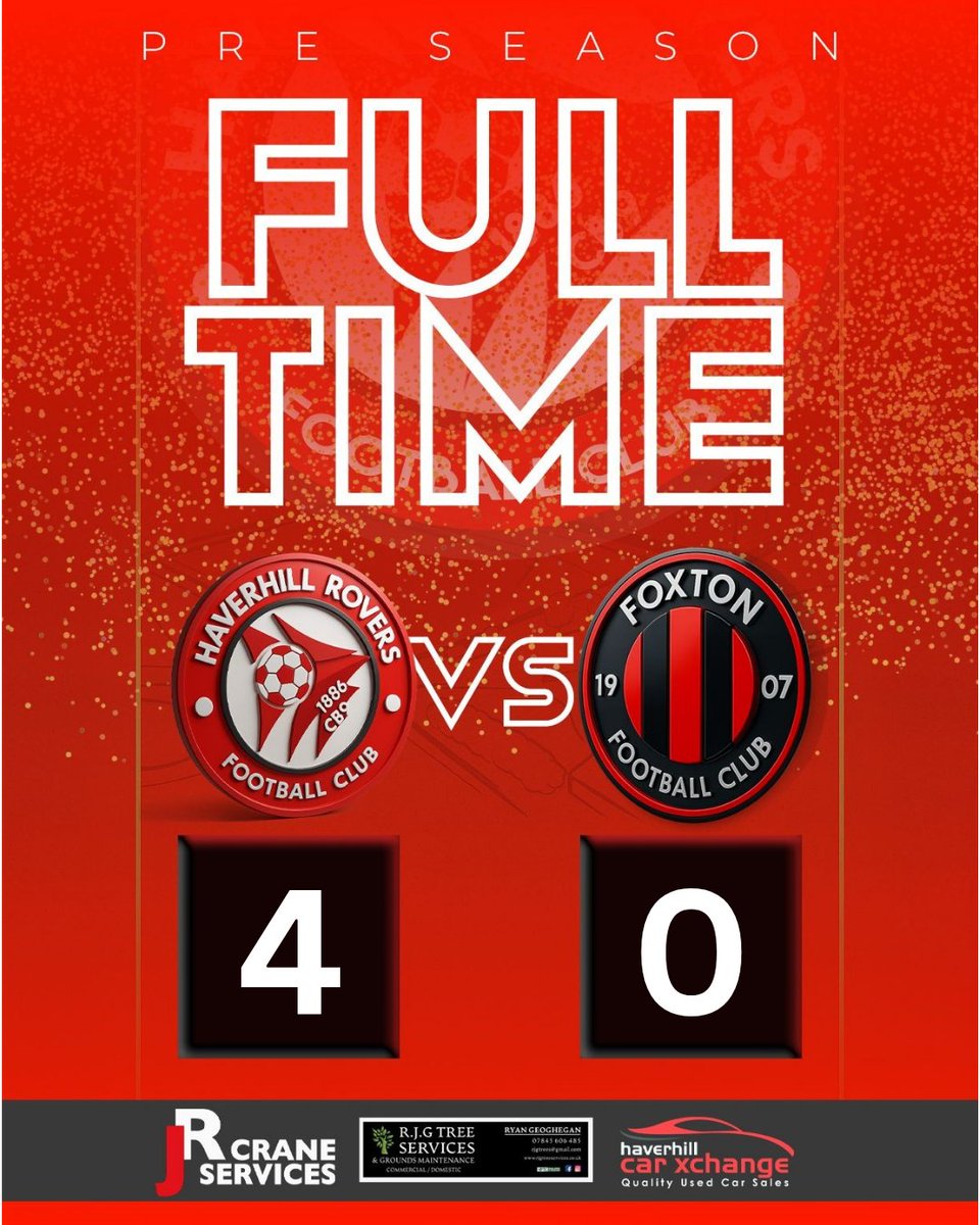 Final whistle goes.

A good 4-0 win against Foxton to finish pre-season.

Next up is the season opener at home to Ely next Tuesday.

See you then!

#WeAreRovers