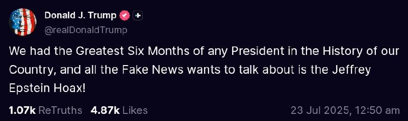 mog_russEN's tweet image. 🚨⚡️We had the Greatest Six Months of any President in the History of our Country, and all the Fake News wants to talk about is the Jeffrey Epstein Hoax! -
-TRUMP