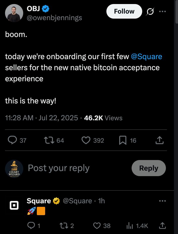 BTC_Archive's tweet image. NEW: Jack Dorsey's Square to allow merchant to accept Bitcoin native transactions from today! 🔥