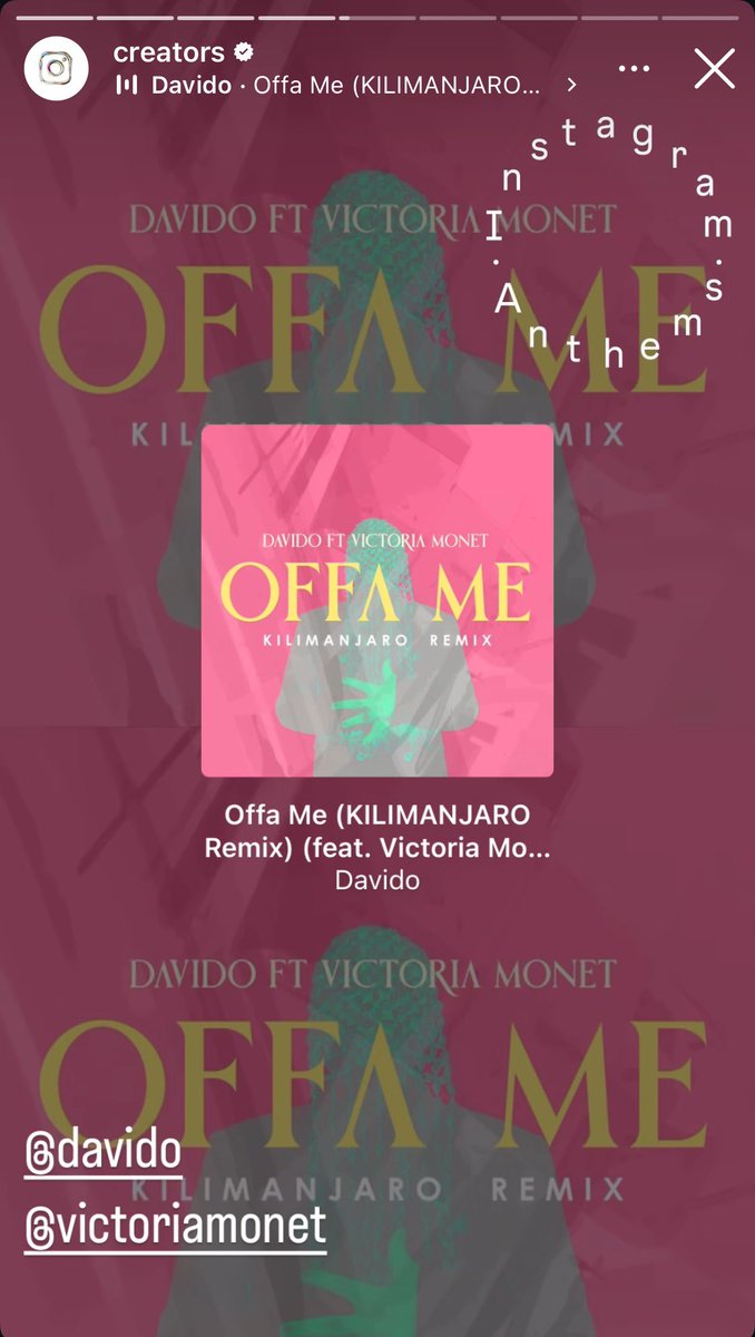 VictorianStats's tweet image. Instagram’s Creators has named Davido and Victoria Monét’s “Offa Me” Remix an “Instagram Anthem”
davido.lnk.to/OffaMeKilimanj…