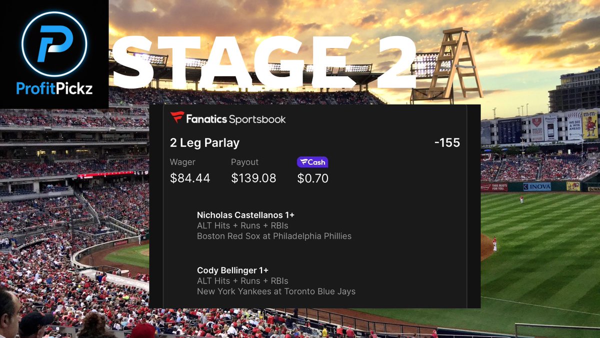 ProfitPickz's tweet image. 🔥 🪜Ladder Challenge - Stage 2️⃣
Collab with @Sharp_Pulse 🔥
Bigger stake, bigger payout 🪜
$84.44 ➡️ $139.08 (Odds: -155🍀)
📍 Nicholas Castellanos 1+
ALT Hits + Runs + RBIs
📍 Cody Bellinger 1+
ALT Hits + Runs + RBIs
#MLBBets #ParlayLadder #FanaticsSportsbook
