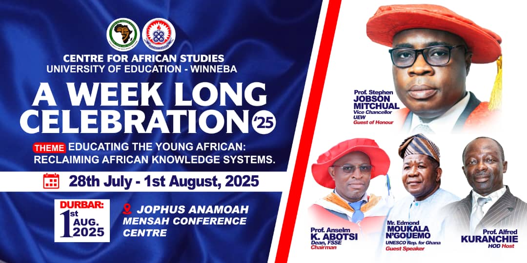 resaguew's tweet photo. The Centre for African Studies, UEW – Winneba, is thrilled to welcome you to our Week-Long Celebration 2025.
Happening from 28th July to 1st August, this year’s celebration is packed with exciting activities, inspiration, and rich conversations . https://t.co/1KMCOoCRk1