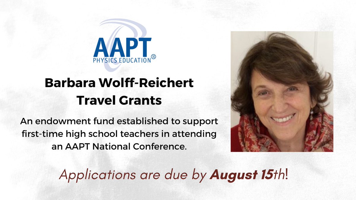 AAPTHQ's tweet image. Attention high school physics teachers! If you have at least two years of teaching experience and have never attended an AAPT national meeting, consider applying for the Barbara Wolff-Reichert Travel Grant. Apply by August 15th! ow.ly/uhWM50WtCQ7 #AAPTSM25 #AAPTGrants