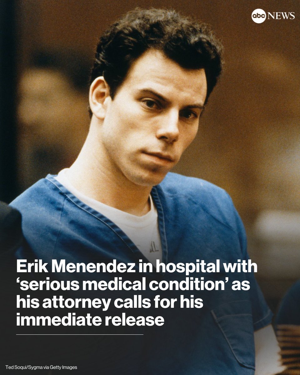 ABCWorldNews's tweet image. NEW: Erik Menendez is in the hospital and has been diagnosed with a serious medical condition, his family confirmed to ABC News.
The condition has not been disclosed.
Read more: abcnews.link/ieK6mvz