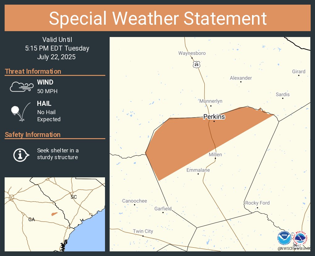 NWSCharlestonSC's tweet image. A special weather statement has been issued for Perkins GA until 5:15 PM EDT
