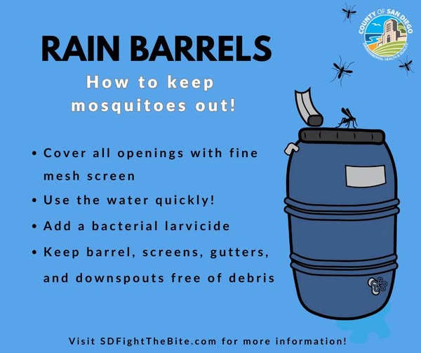 SanDiegoCounty's tweet image. Rain barrels are a great way to save water, but they can also make the perfect home for mosquitoes!
More tips for mosquito prevention can be found at SDFightTheBite.com!