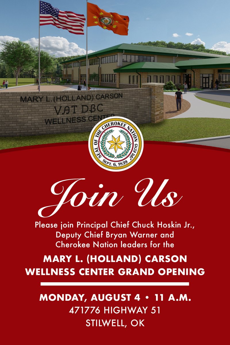 CherokeeNation's tweet image. 𝐘𝐨𝐮'𝐫𝐞 𝐢𝐧𝐯𝐢𝐭𝐞𝐝! Join us Monday, Aug. 4 at 11 a.m. for the grand opening of the Mary L. (Holland) Carson Wellness Center in Stilwell! This state-of-the-art facility is part of the Public Health and Wellness Fund Act, signed in 2021.
