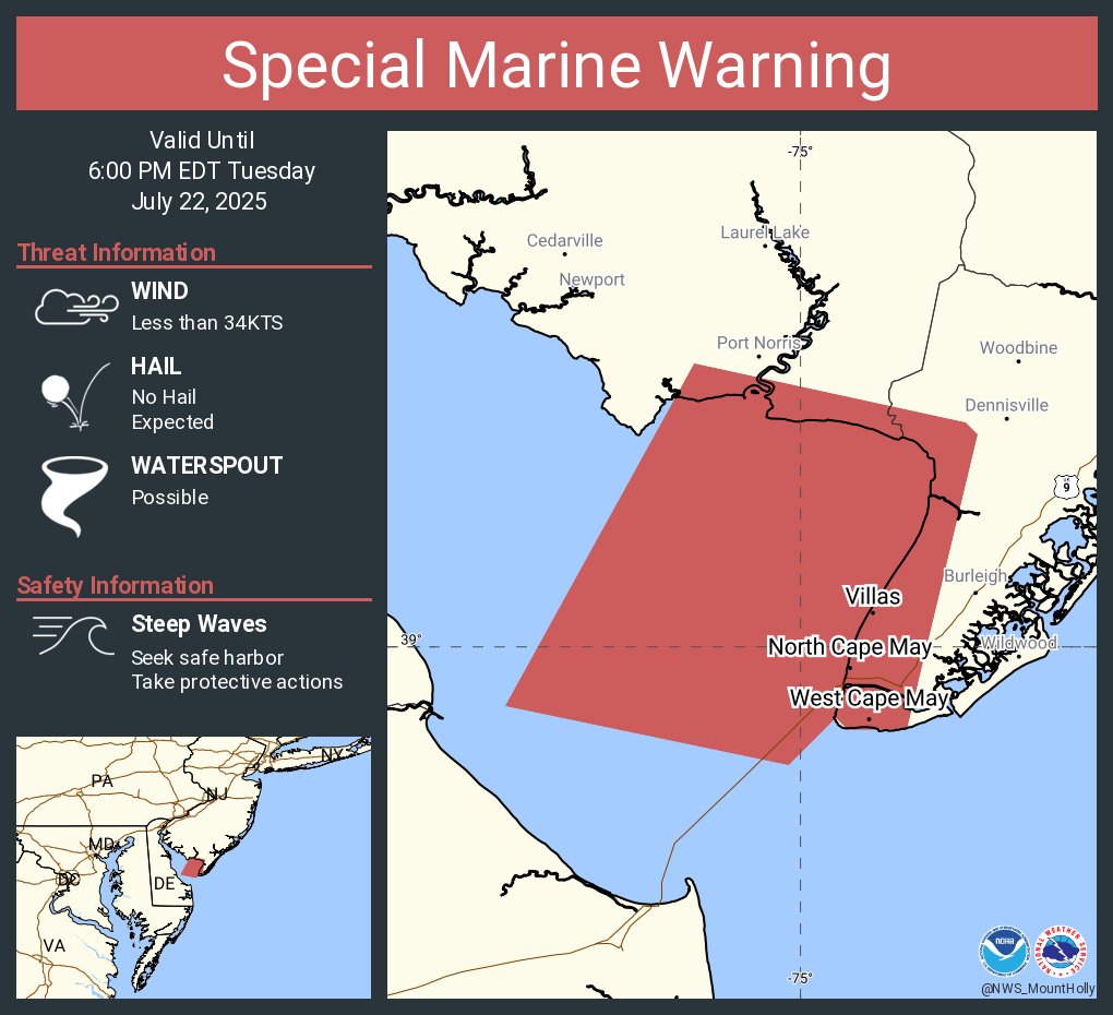 NWS_MountHolly's tweet image. Special Marine Warning including the Delaware Bay waters north of East Point NJ to Slaughter Beach DE and Delaware Bay waters south of East Point NJ to Slaughter Beach DE until 6:00 PM EDT