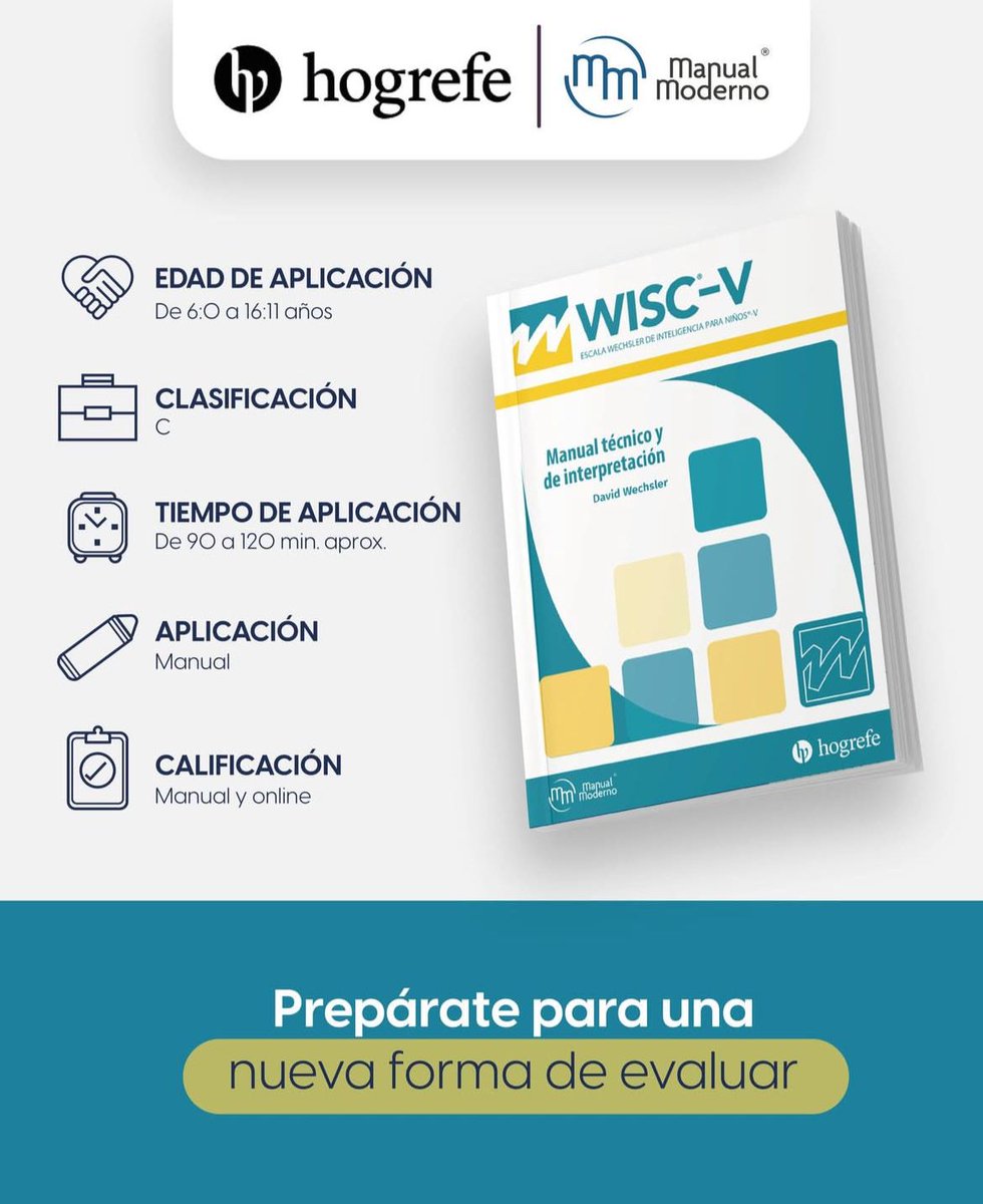 manualmodernoco's tweet image. ¡Es tu momento de marcar la diferencia!
La WISC-V con baremos para Latinoamérica ha llegado. 💙🧠 Sé de los primeros en Colombia en contar con esta herramienta única para evaluar el potencial infantil. 🧒🏻
.
.
.
#wiscv
#evaluacionpsicologica #desarrolloinfantil
