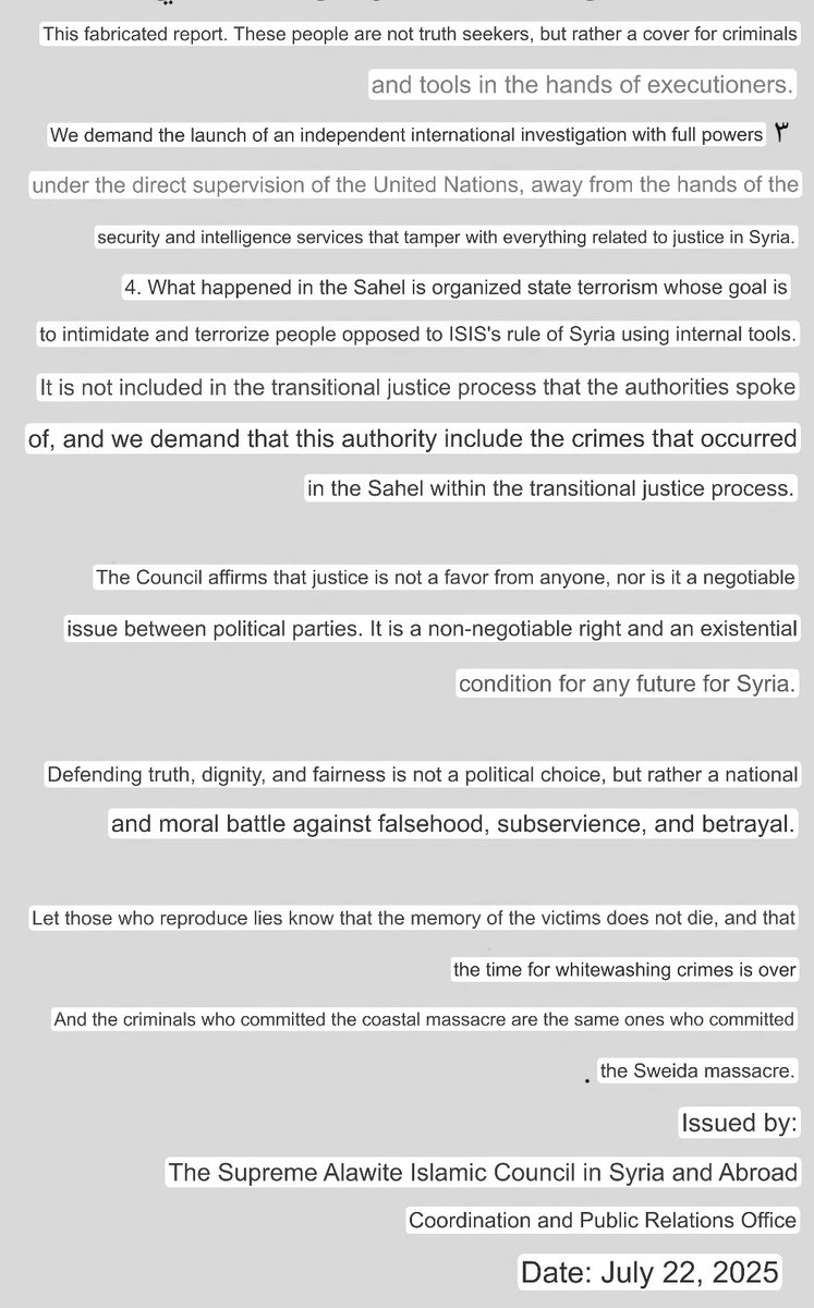 sayed_ridha's tweet image. The Supreme Alawite Council led by Sheikh Gazal, releases statement rejecting the results of the committee investigation into the March 6 events. And calls for an independent investigation led by the UN
