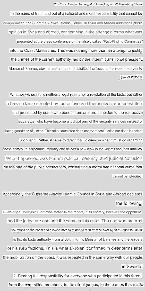 sayed_ridha's tweet image. The Supreme Alawite Council led by Sheikh Gazal, releases statement rejecting the results of the committee investigation into the March 6 events. And calls for an independent investigation led by the UN