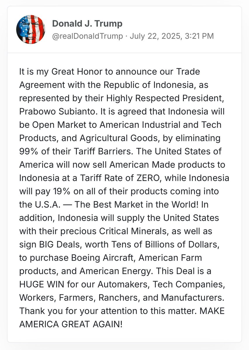 Gigi_chienergy's tweet image. He’s done it again:
Corporate Lobbyists, wins: 10 million
Average Americans, wins: 0
The "Beautiful" Deal: Indonesia Pays 19%, U.S. Pays Zilch?
- Trump’s Math: Indonesia’s tariffs on U.S. goods drop to 0%, while their exports to the U.S. get slapped with a 19% tax, up from…