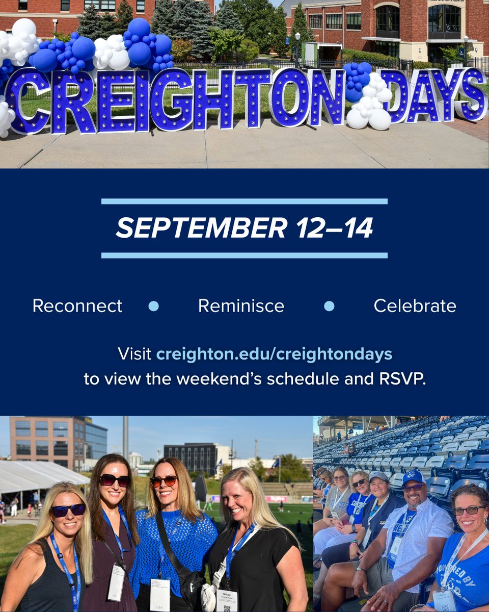 CreightonAlumni's tweet image. If you graduated in a class year ending in 0 or 5, this is your sign to register for Creighton Days, our annual alumni reunion weekend! Whether it&apos;s been 10, 20, or 30+ years since you&apos;ve returned to campus, now is the time. Celebrate your milestone reunion year with your fellow…
