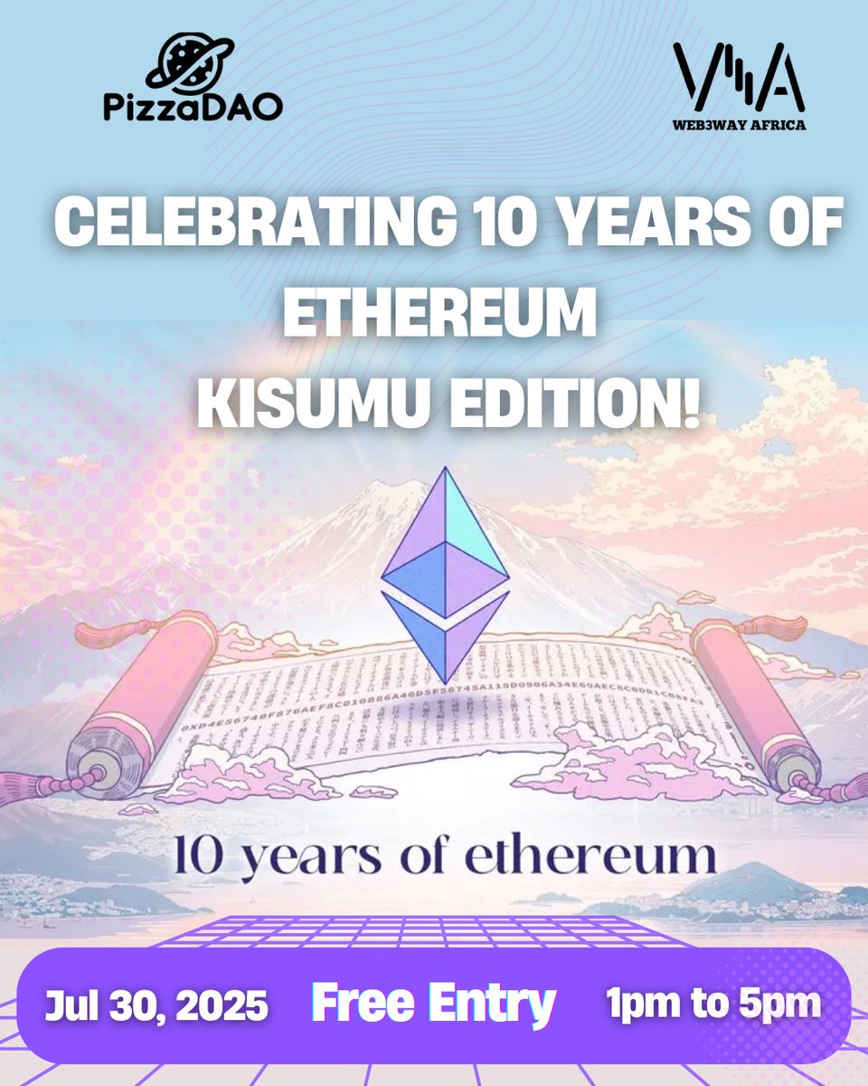 🎉 Kisumu joins the world in celebrating <a href="/ethereum/">Ethereum</a> at 10 Years.
<a href="/Web3WayAfrica/">Web3way Africa</a> empowers grassroots developers to build on-chain which is  aligned with <a href="/ethereum/">Ethereum</a>  mission.

📅 July 30, 2025
🕐 1PM–5PM
📍 Baraza Media Lab
🎟️ Free entry, ticket required → app.unlock-protocol.com/event/celebrat…