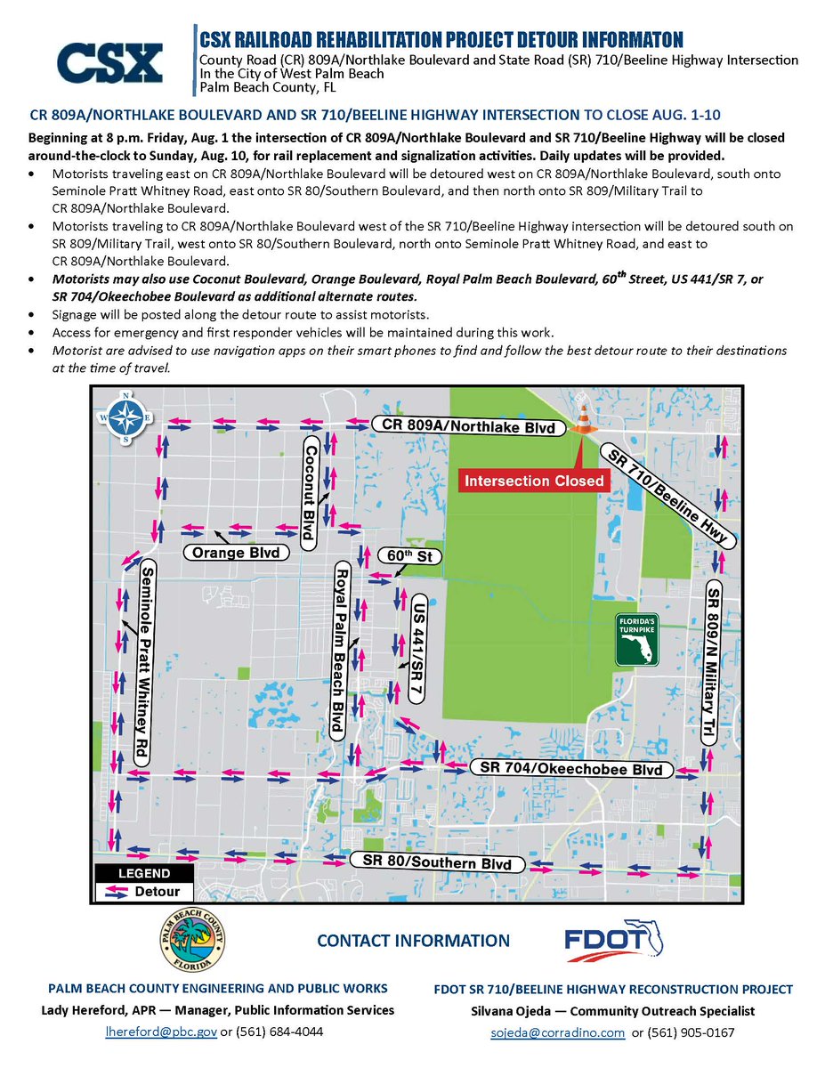 🚧Significant Traffic Alert: Northlake Blvd &amp; SR 710/Beeline Hwy intersection CLOSED 8/1 8PM – 8/10 for CSX track work in Royal Palm Beach. Expect delays &amp; follow detours via Seminole Pratt Whitney Rd, Southern Blvd &amp; more. Plan ahead! Info: royalpalmbeachfl.gov/community/page…
