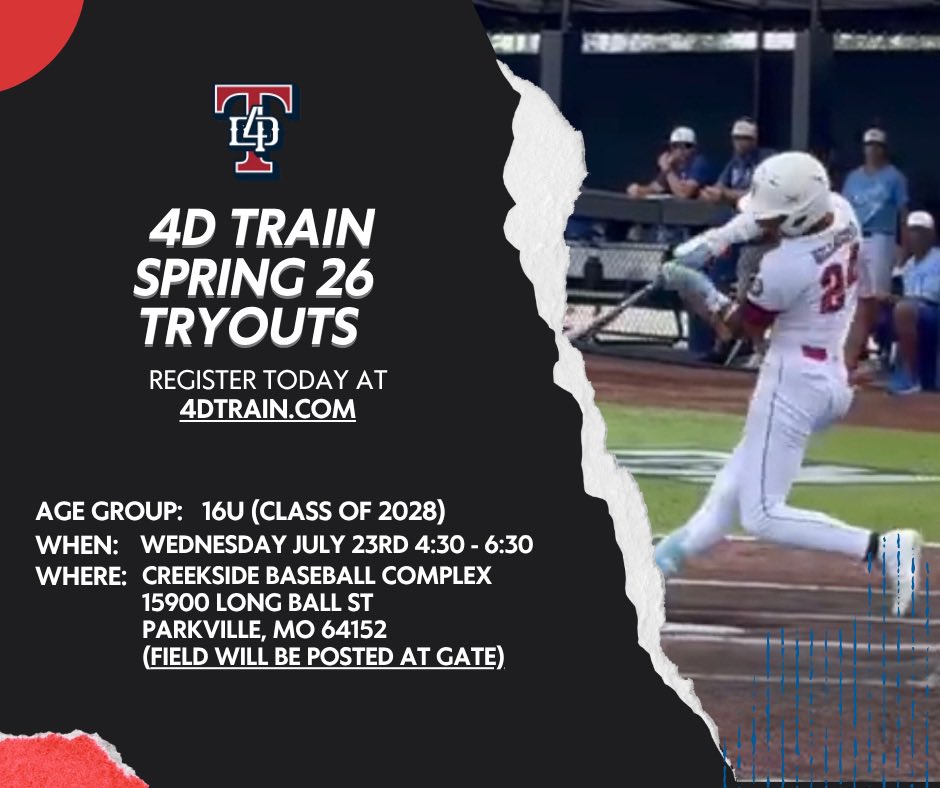 16u/17u tryouts!! 

4D Train Baseball is holding tryouts this Wednesday, July 23rd, from 430-630pm at Creekside Ballpark for the 2027 and 2028 age groups (16/17u. Flyer says 16u, but we are doing both groups together). 

Register at 4dTrain.com
