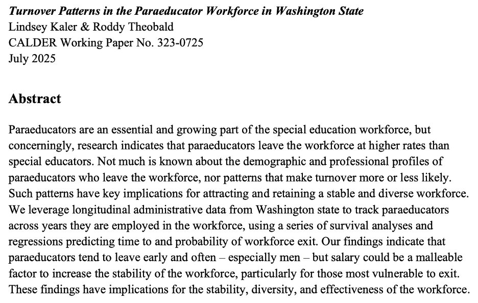 LindseyKaler's tweet image. Excited to circulate another @caldercenter WP! Another study from my dissertation, w/ @RoddyTheobald. Using data from WA, we track individual paraeducators to predict exit from the state education workforce. Ungated WP here: tinyurl.com/3wtfrm2m
🧵below: