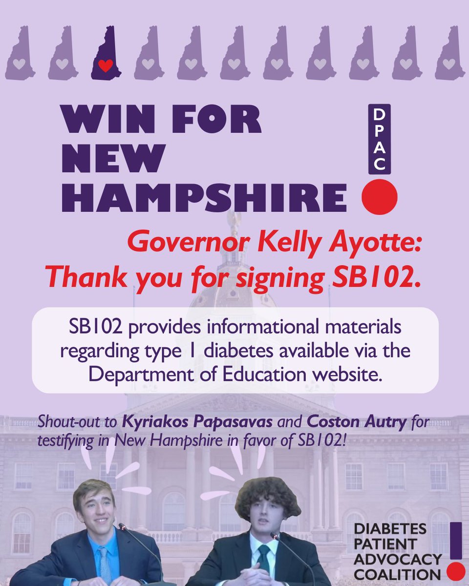 DiabetesPAC's tweet image. Thank you @KellyAyotte for signing SB102 into law — a huge step forward in ensuring families receive vital information about type 1 diabetes through the Department of Education. The legislation received bipartisan support.