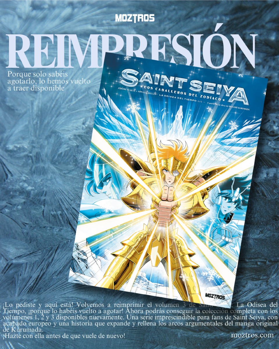 universosaintse's tweet image. La editorial Moztros anuncia la reimpresión del agotado del Volumen 3 de Saint Seiya Time Odyssey en España.