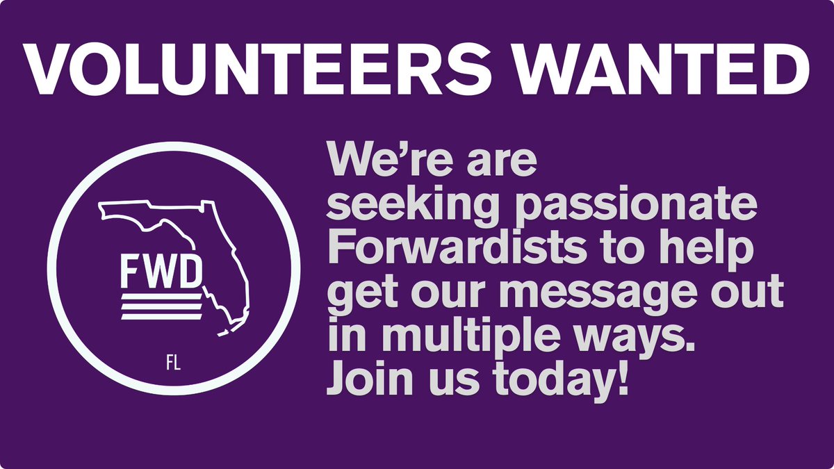FWD_Florida's tweet image. There are so many ways to get involved with us, from communications, to fundraising, to candidate support and much, more more! Sign up, and we'll find you the perfect role. floridaforwardparty.com/volunteer_form