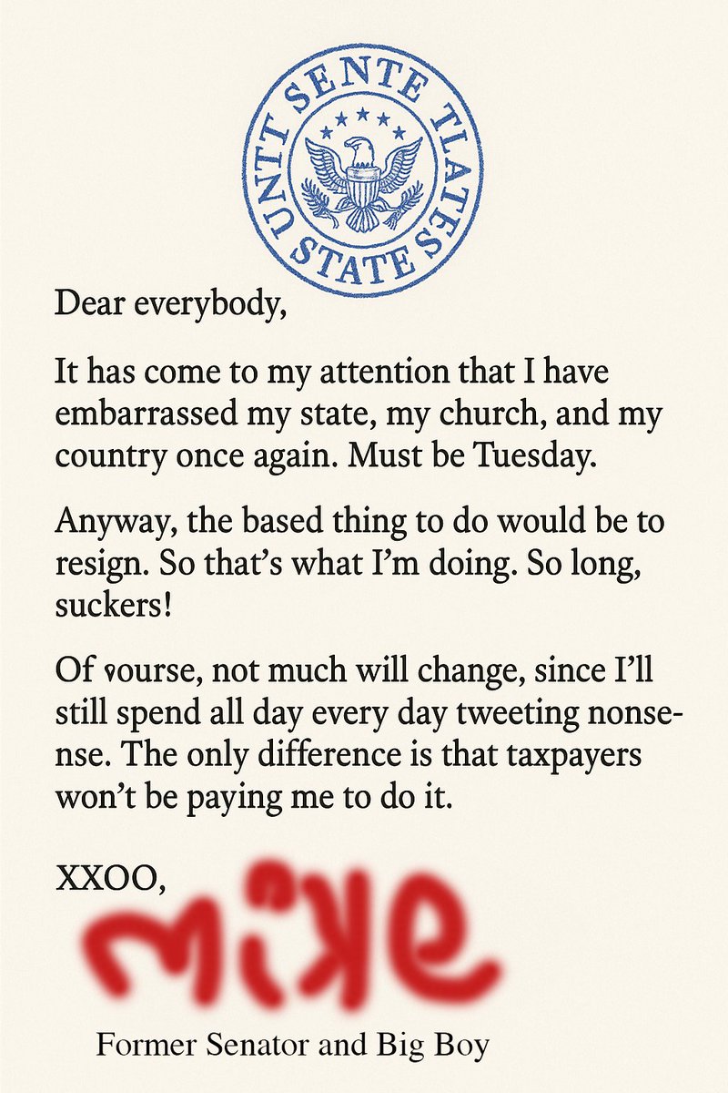 StallionCornell's tweet image. BREAKING NEWS!
Mike Lee has RESIGNED with this TOTALLY LEGITIMATE LETTER!!!