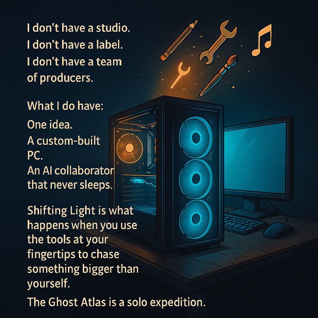 I don’t have a studio.
Or a label.
Or a team of producers.

What I do have:
🧠 One idea.
🛠️ A custom-built PC.
🤖 An AI collaborator that never sleeps.

Shifting Light is what happens when you build something bigger than yourself.

#TheGhostAtlas #ShiftingLight