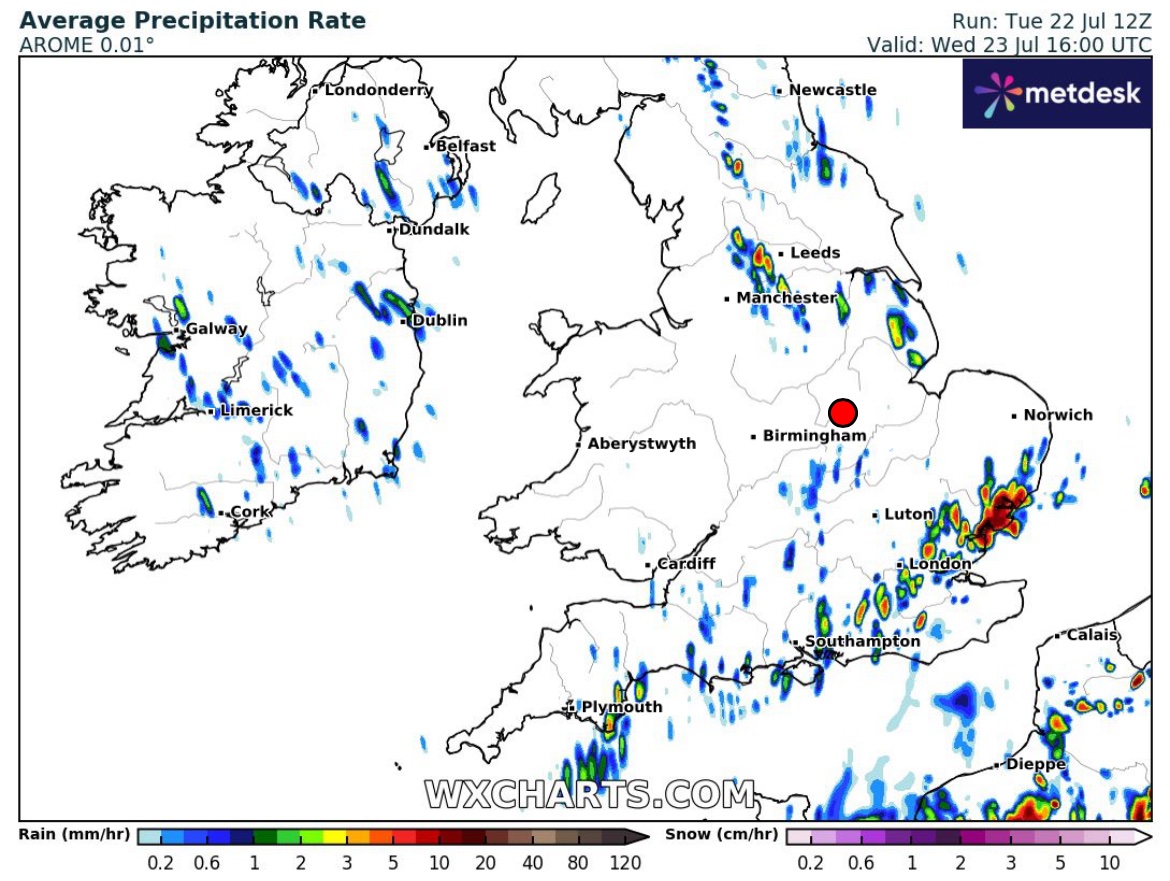 Met Office have laid a twig across the far south of England and coastal E Anglia for noon tomorrow fax chart - indicating breeze convergence from sea breeze and synoptic northerly flow will develop and support heavy showers &amp; thunderstorms over these areas on Wednesday.