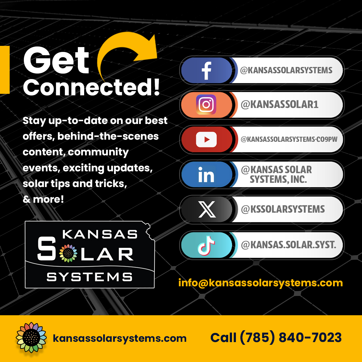 KSSolarSystems's tweet image. Follow Kansas Solar Systems on your favorite social platforms to stay informed about exclusive deals, local events, and expert solar advice. 

kansassolarsystems.com 
#KansasSolar #SolarEnergyTips #StayConnected #RenewableEnergy #SolarInKansas